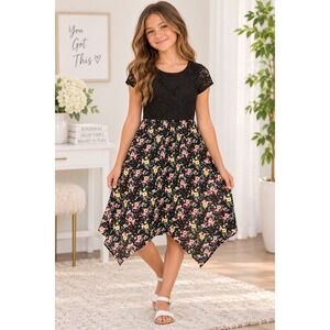 Xhilaration Girls Lace Floral Handkerchief Hem Chiffon Dress Black Size 7/8